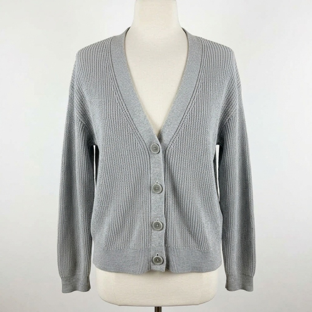 Talbots Cardigan Sweater Womens Medium Gray Pima Cotton V-Neck Classic Office